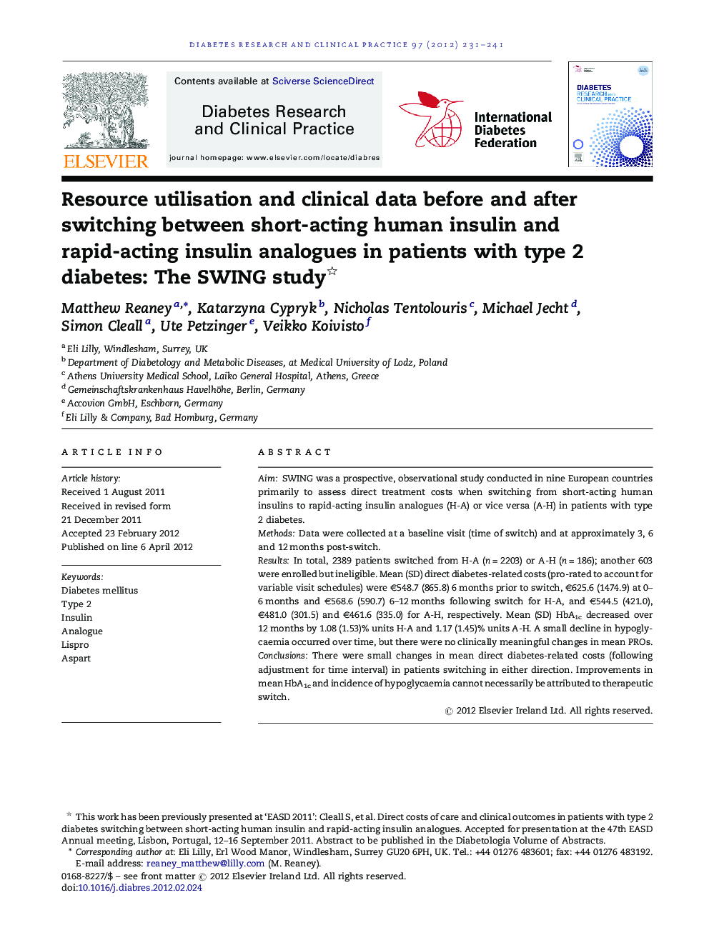 Resource utilisation and clinical data before and after switching between short-acting human insulin and rapid-acting insulin analogues in patients with type 2 diabetes: The SWING study