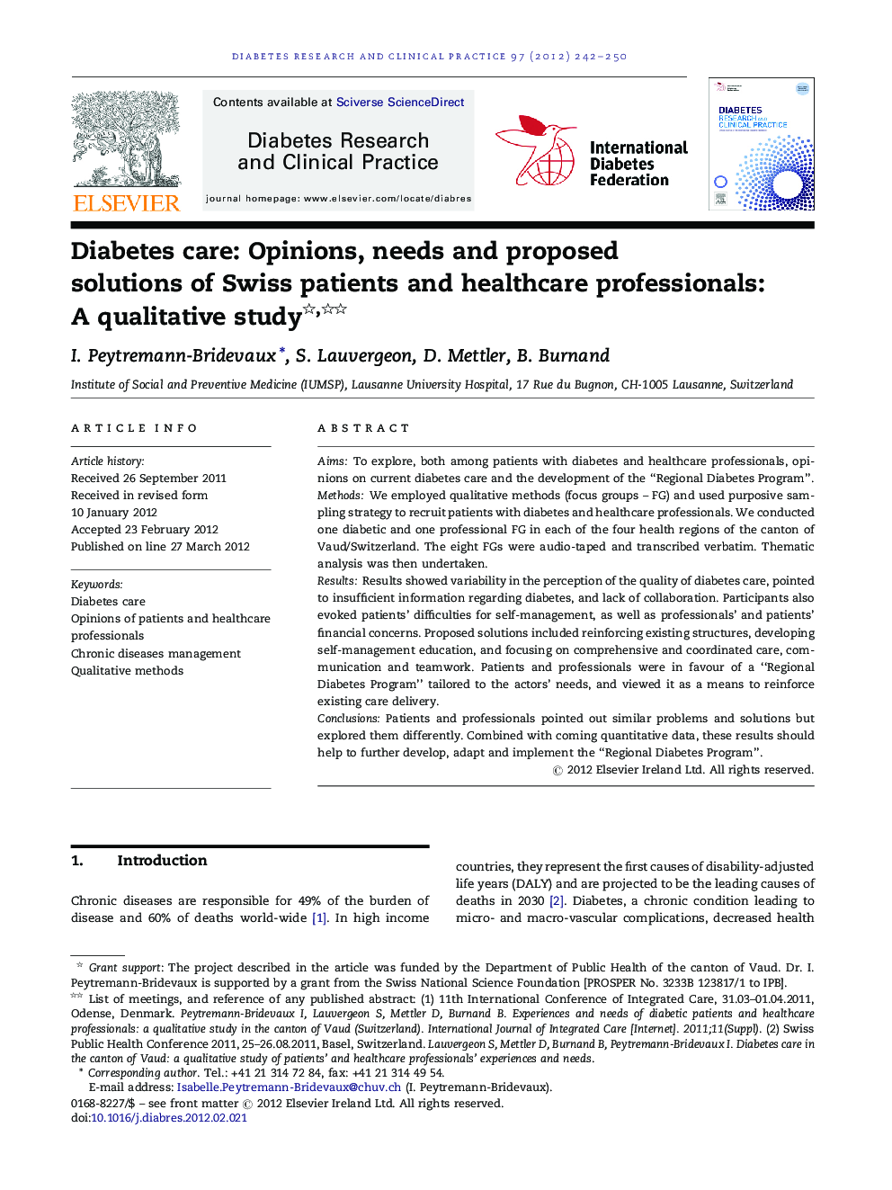 Diabetes care: Opinions, needs and proposed solutions of Swiss patients and healthcare professionals: A qualitative study