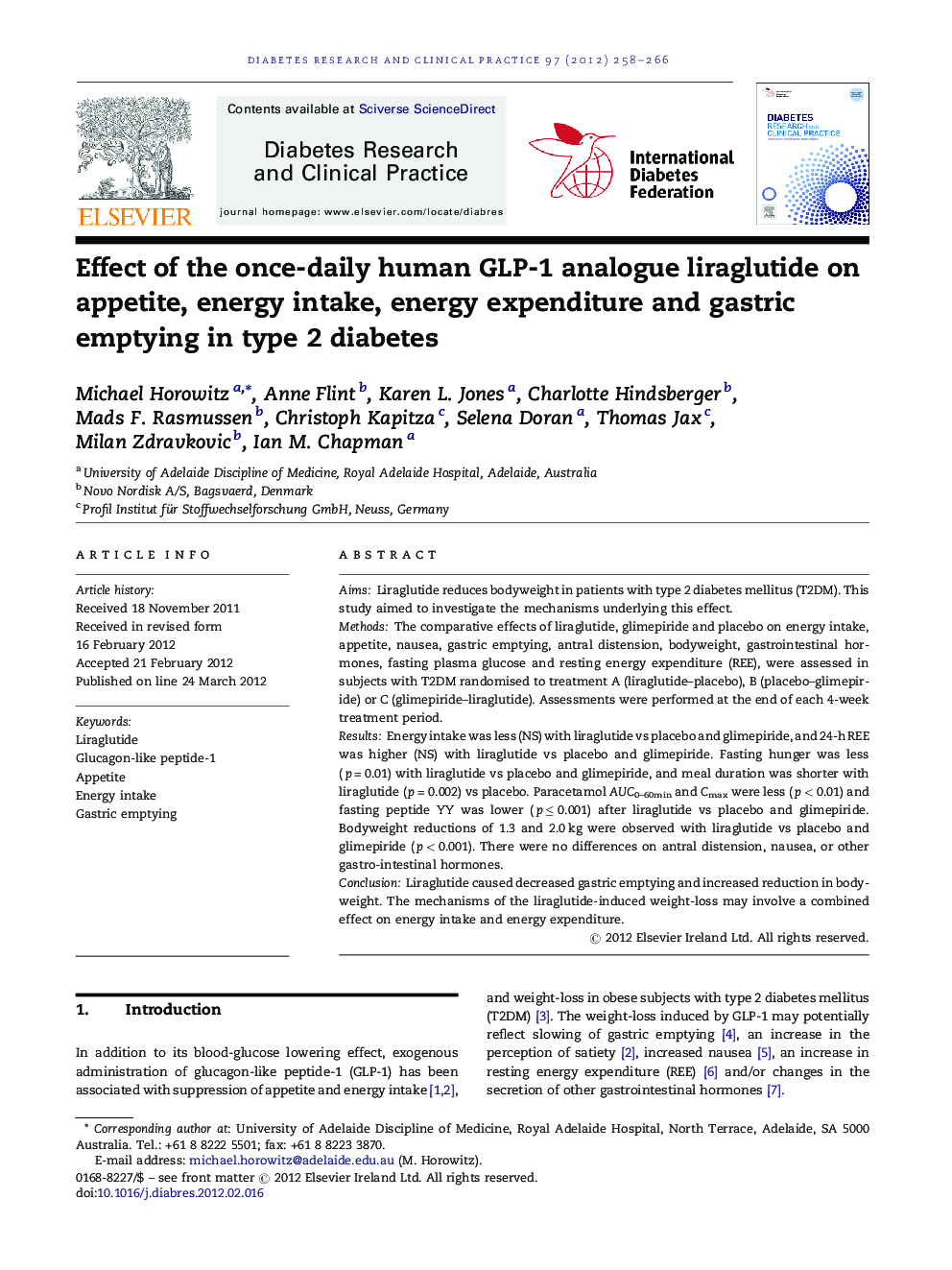 Effect of the once-daily human GLP-1 analogue liraglutide on appetite, energy intake, energy expenditure and gastric emptying in type 2 diabetes