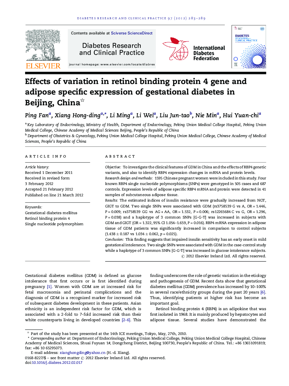 Effects of variation in retinol binding protein 4 gene and adipose specific expression of gestational diabetes in Beijing, China 