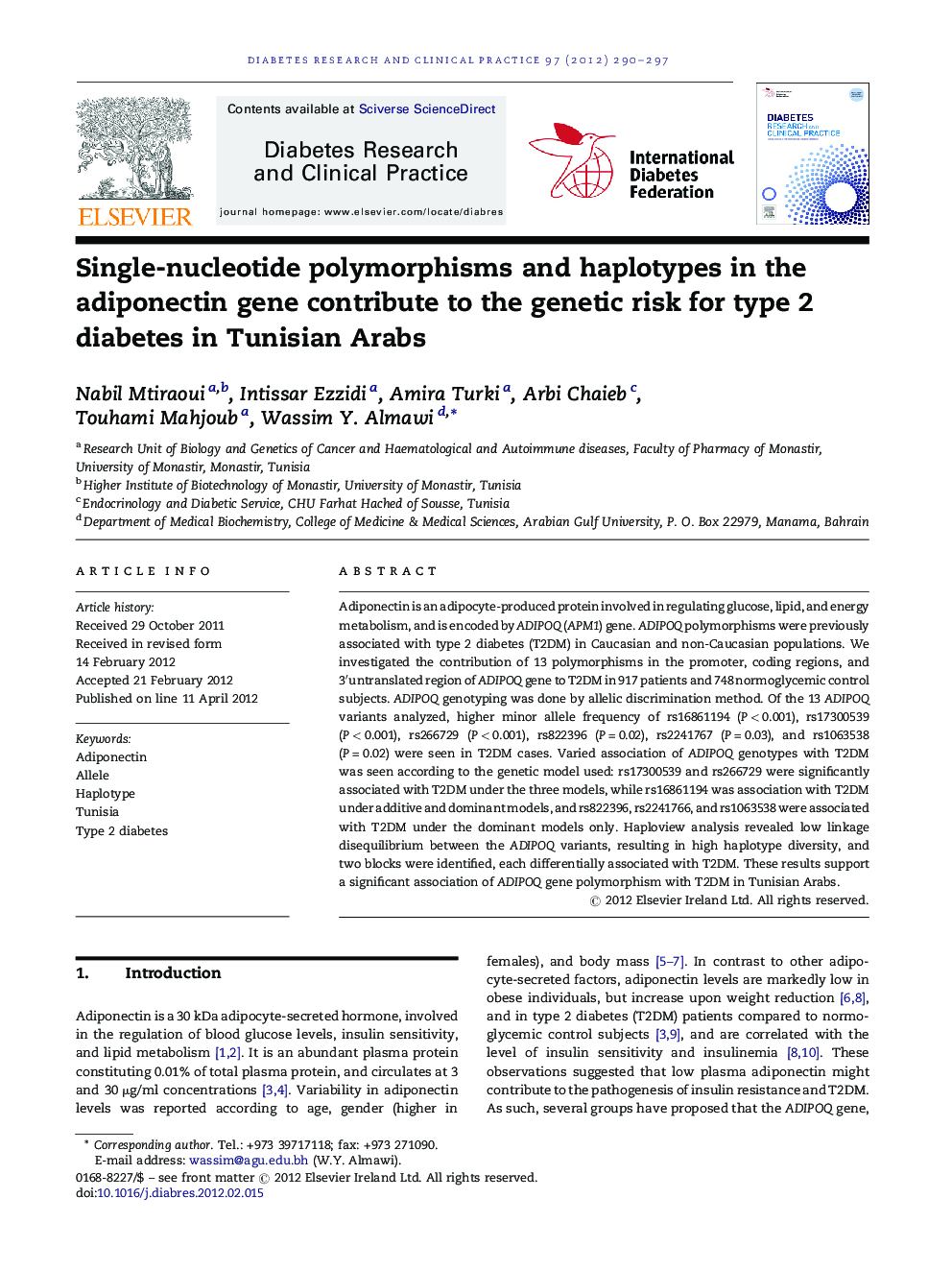 Single-nucleotide polymorphisms and haplotypes in the adiponectin gene contribute to the genetic risk for type 2 diabetes in Tunisian Arabs