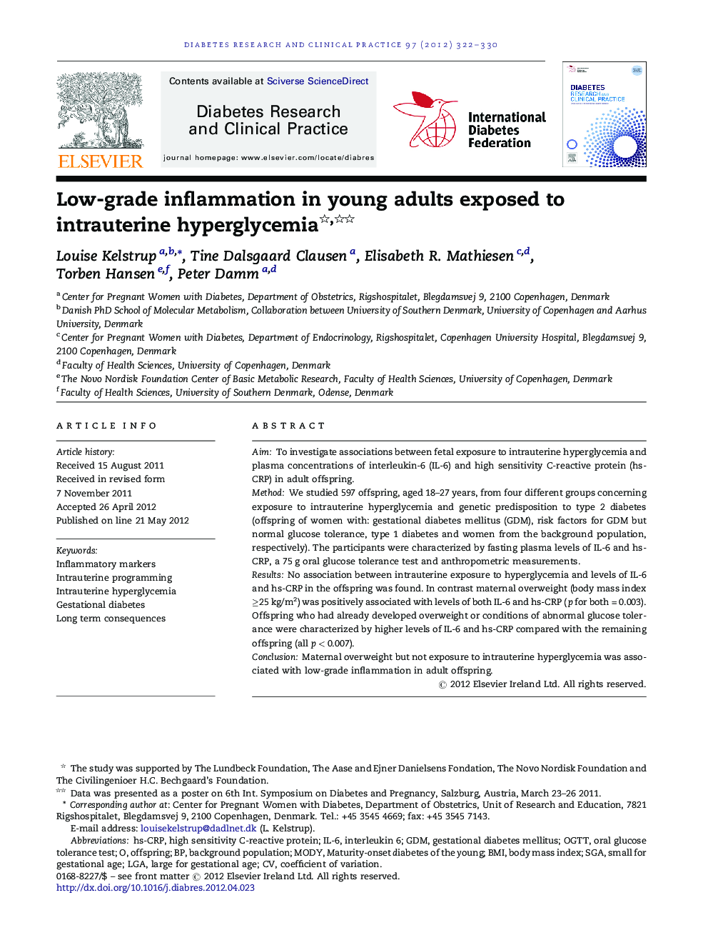 Low-grade inflammation in young adults exposed to intrauterine hyperglycemia 