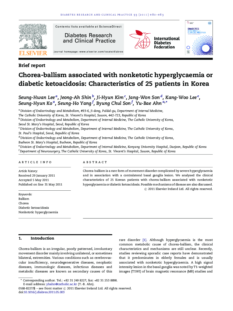 Chorea-ballism associated with nonketotic hyperglycaemia or diabetic ketoacidosis: Characteristics of 25 patients in Korea