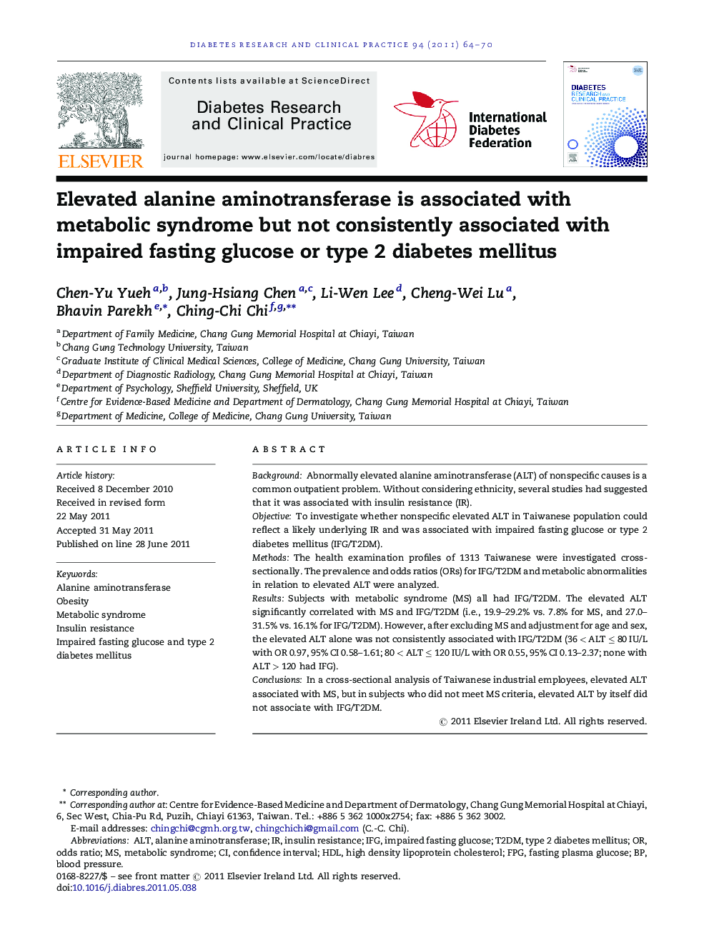 Elevated alanine aminotransferase is associated with metabolic syndrome but not consistently associated with impaired fasting glucose or type 2 diabetes mellitus