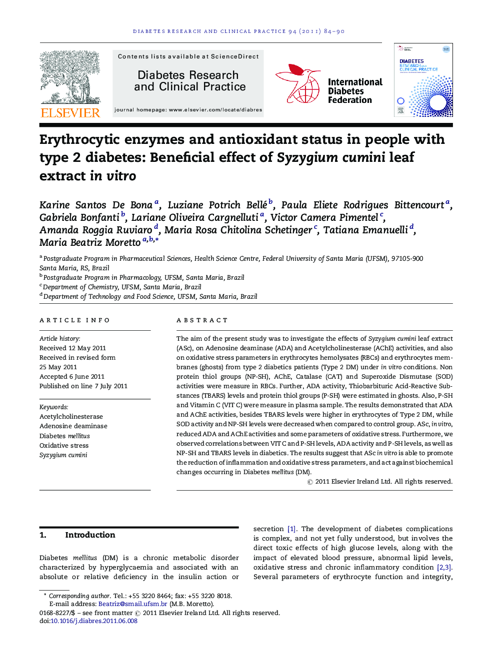 Erythrocytic enzymes and antioxidant status in people with type 2 diabetes: Beneficial effect of Syzygium cumini leaf extract in vitro