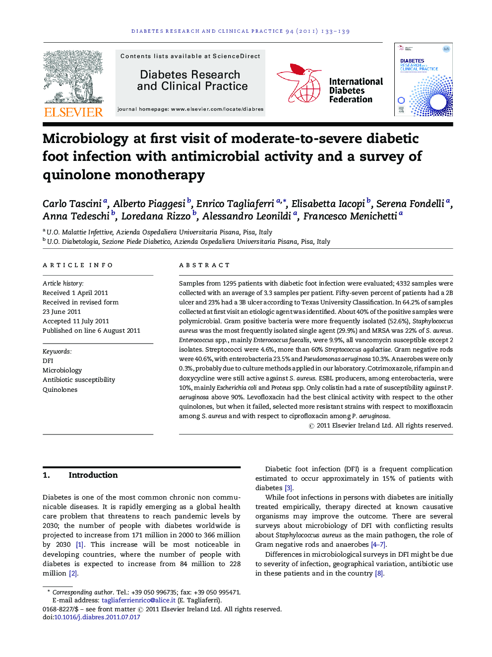 Microbiology at first visit of moderate-to-severe diabetic foot infection with antimicrobial activity and a survey of quinolone monotherapy