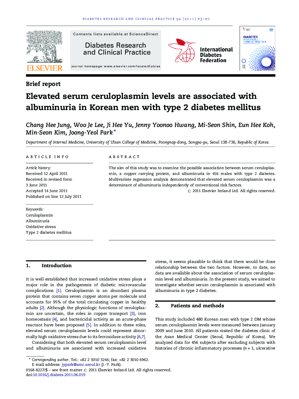 Elevated serum ceruloplasmin levels are associated with albuminuria in Korean men with type 2 diabetes mellitus
