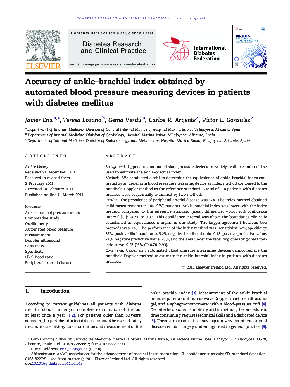 Accuracy of ankle–brachial index obtained by automated blood pressure measuring devices in patients with diabetes mellitus