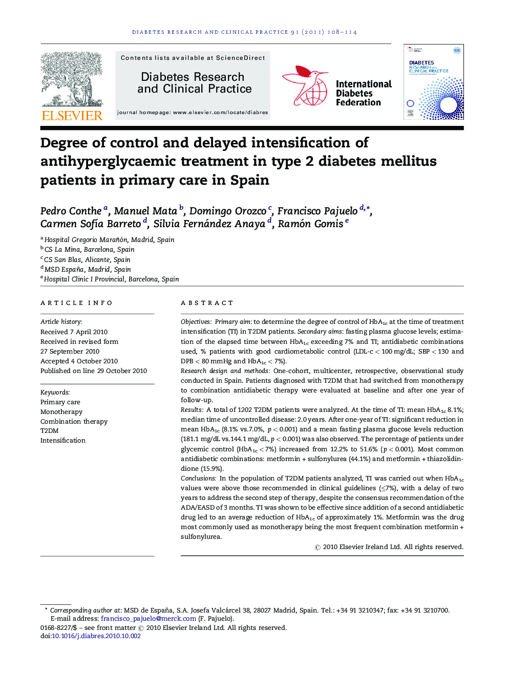 Degree of control and delayed intensification of antihyperglycaemic treatment in type 2 diabetes mellitus patients in primary care in Spain