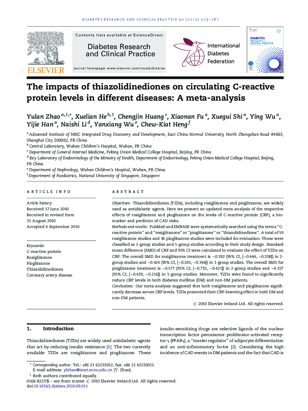 The impacts of thiazolidinediones on circulating C-reactive protein levels in different diseases: A meta-analysis