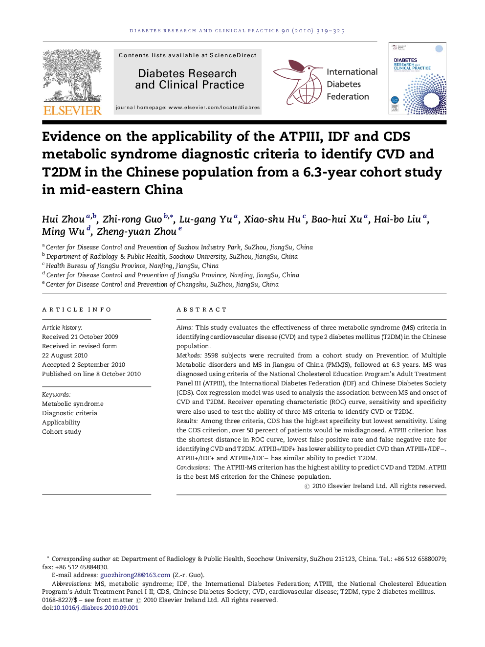 Evidence on the applicability of the ATPIII, IDF and CDS metabolic syndrome diagnostic criteria to identify CVD and T2DM in the Chinese population from a 6.3-year cohort study in mid-eastern China