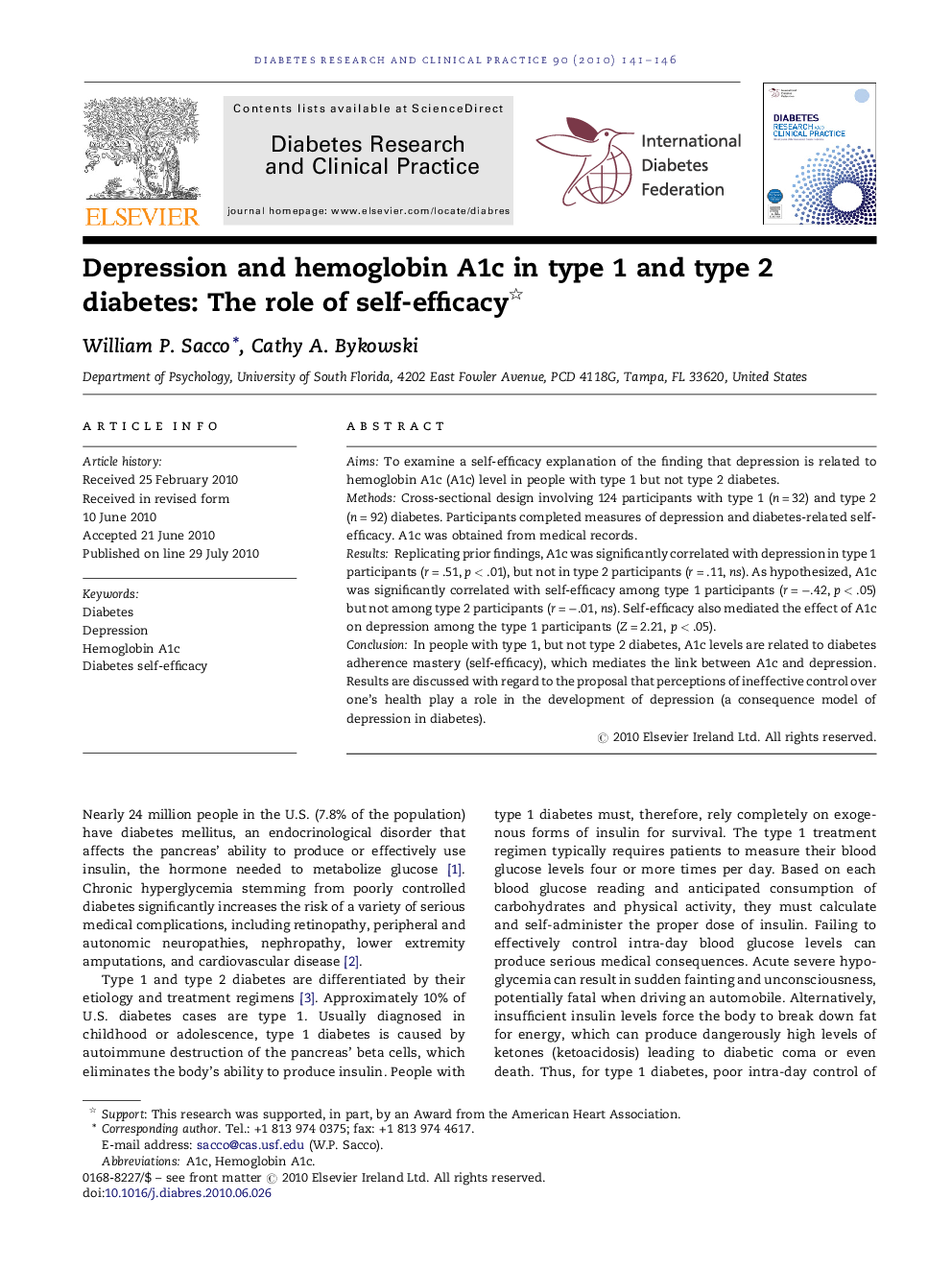 Depression and hemoglobin A1c in type 1 and type 2 diabetes: The role of self-efficacy 