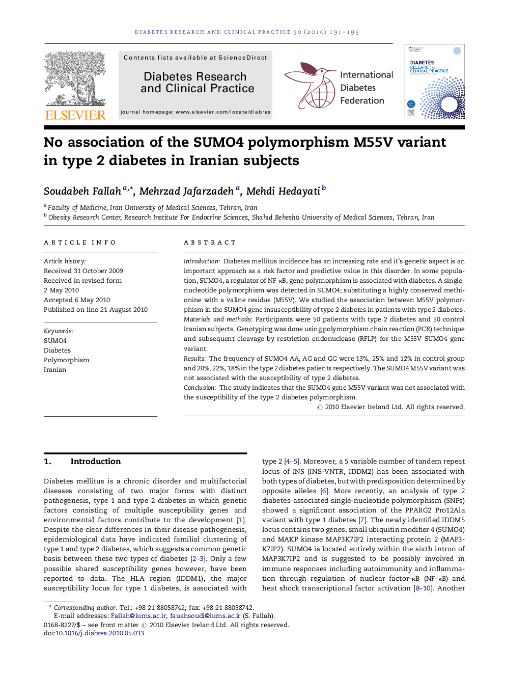 No association of the SUMO4 polymorphism M55V variant in type 2 diabetes in Iranian subjects