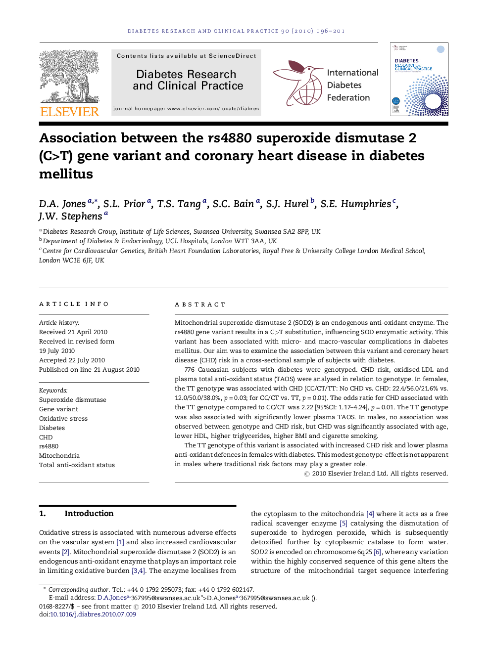 Association between the rs4880 superoxide dismutase 2 (C>T) gene variant and coronary heart disease in diabetes mellitus