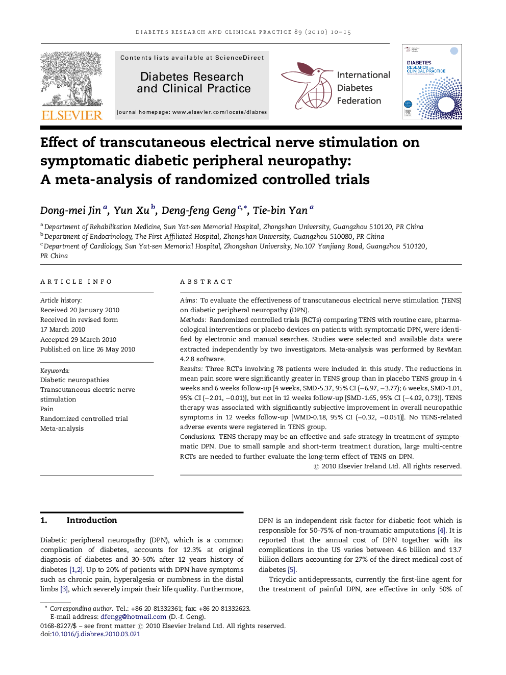 Effect of transcutaneous electrical nerve stimulation on symptomatic diabetic peripheral neuropathy: A meta-analysis of randomized controlled trials