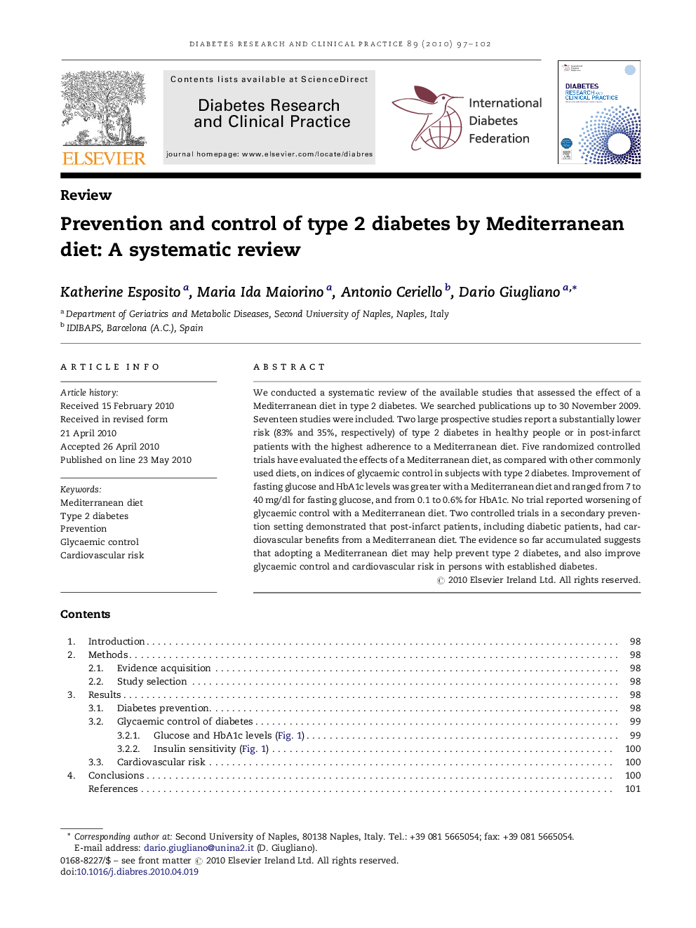 Prevention and control of type 2 diabetes by Mediterranean diet: A systematic review