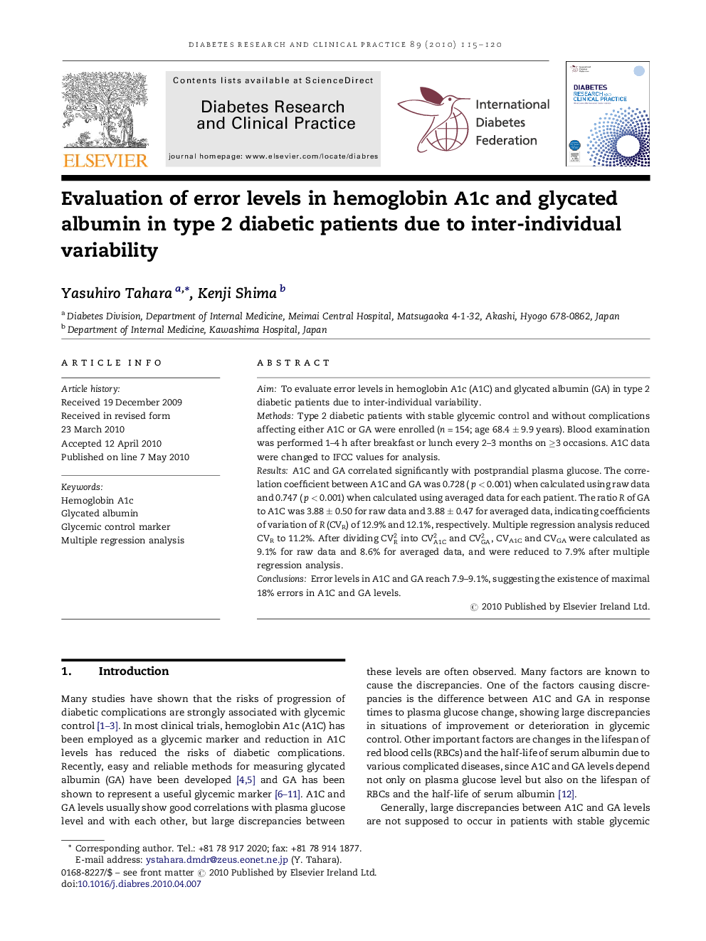 Evaluation of error levels in hemoglobin A1c and glycated albumin in type 2 diabetic patients due to inter-individual variability