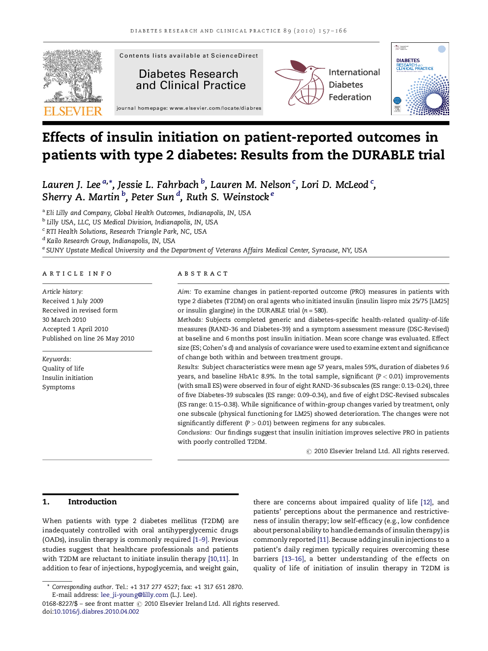 Effects of insulin initiation on patient-reported outcomes in patients with type 2 diabetes: Results from the DURABLE trial