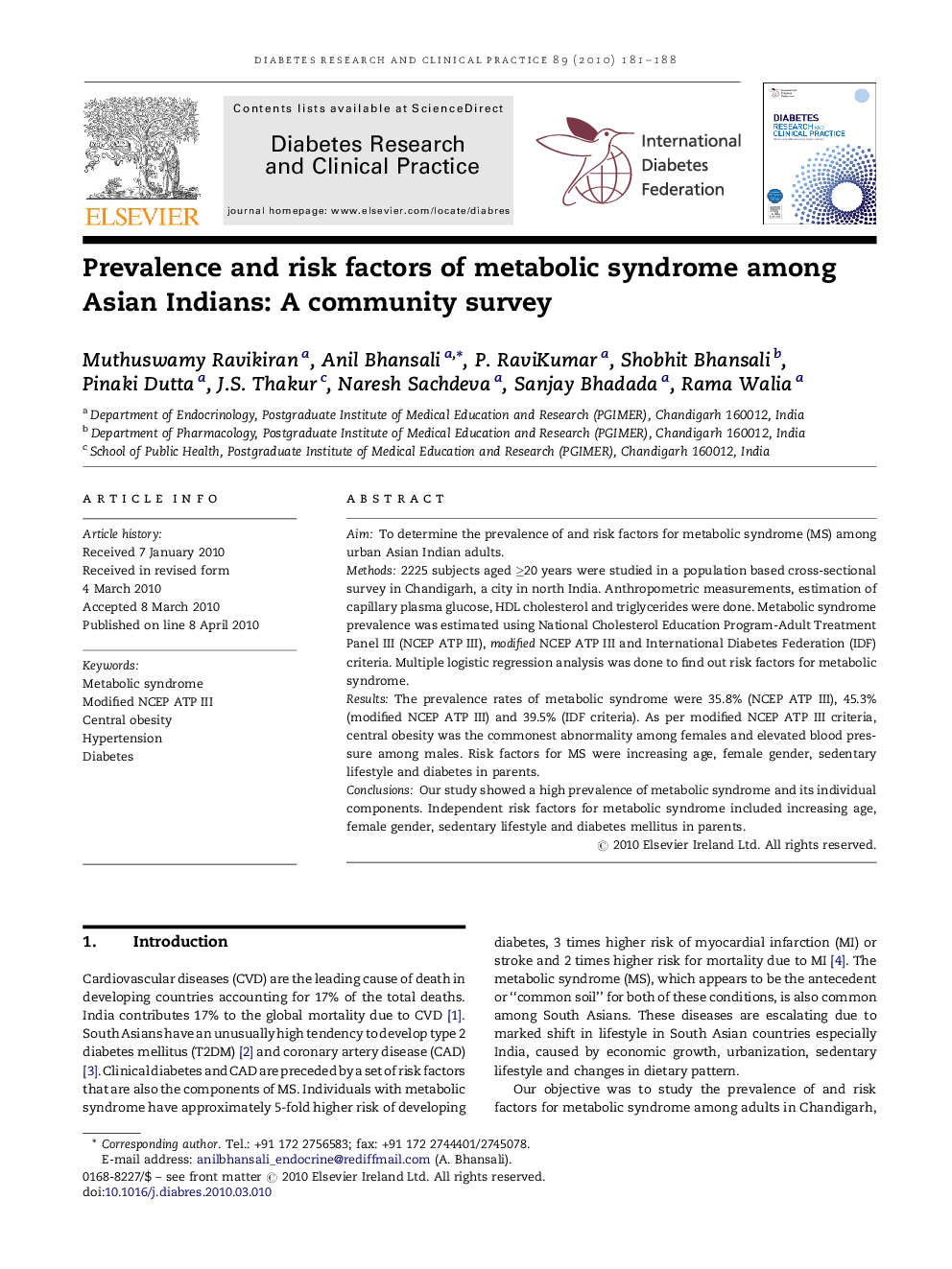 Prevalence and risk factors of metabolic syndrome among Asian Indians: A community survey