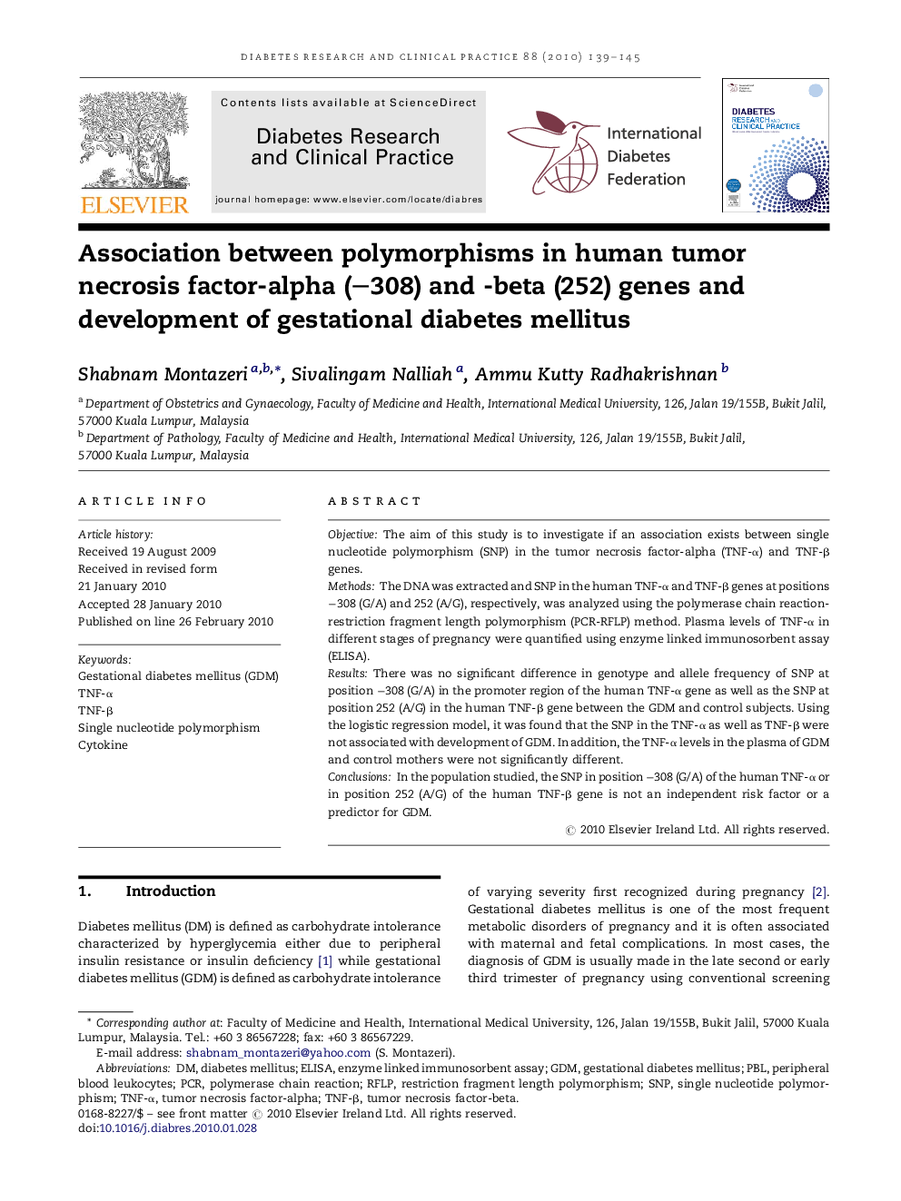 Association between polymorphisms in human tumor necrosis factor-alpha (−308) and -beta (252) genes and development of gestational diabetes mellitus