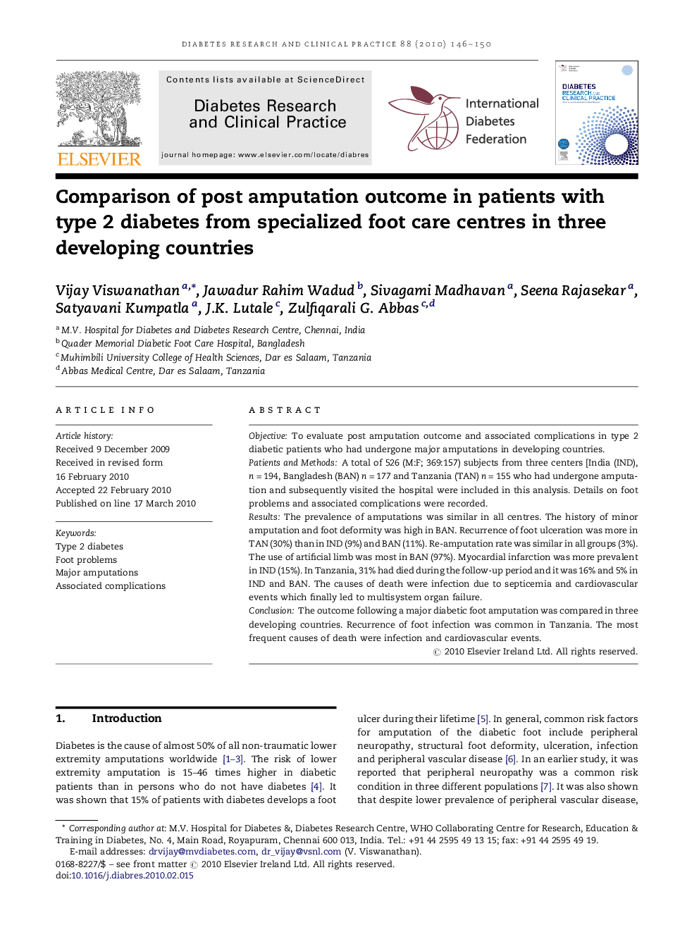 Comparison of post amputation outcome in patients with type 2 diabetes from specialized foot care centres in three developing countries