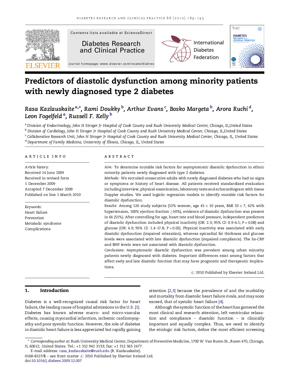 Predictors of diastolic dysfunction among minority patients with newly diagnosed type 2 diabetes