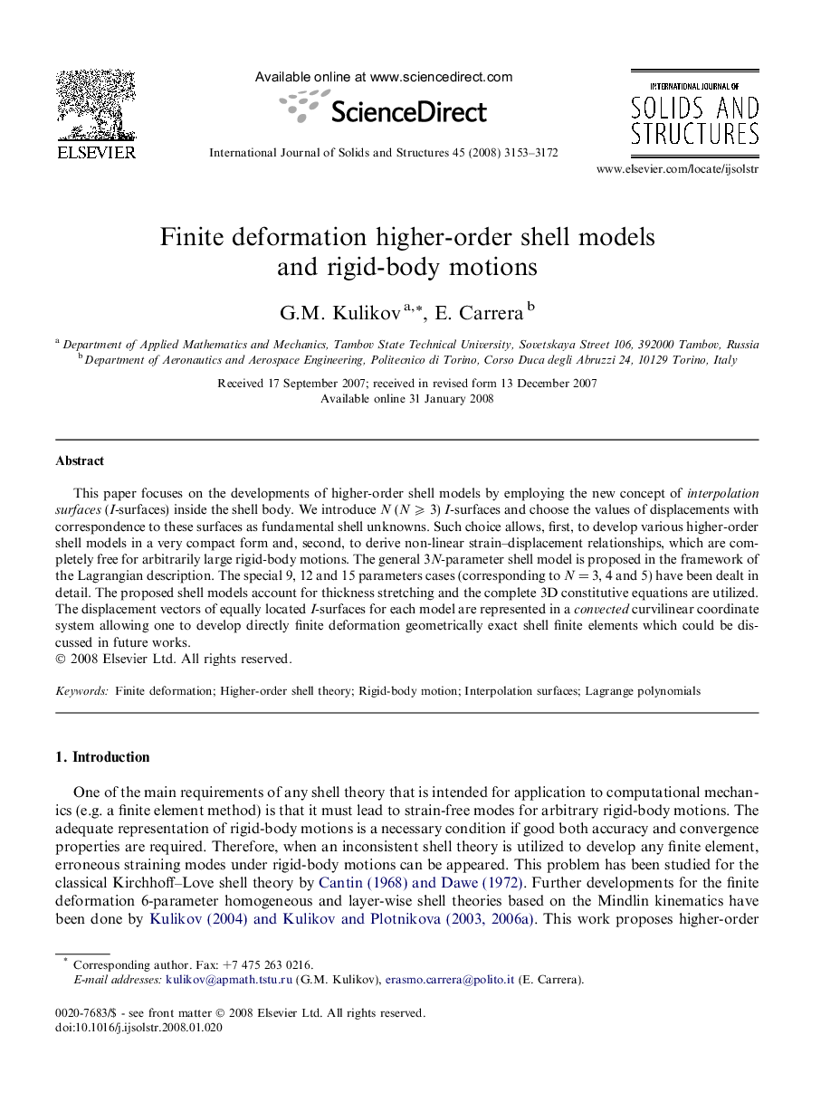 Finite deformation higher-order shell models and rigid-body motions