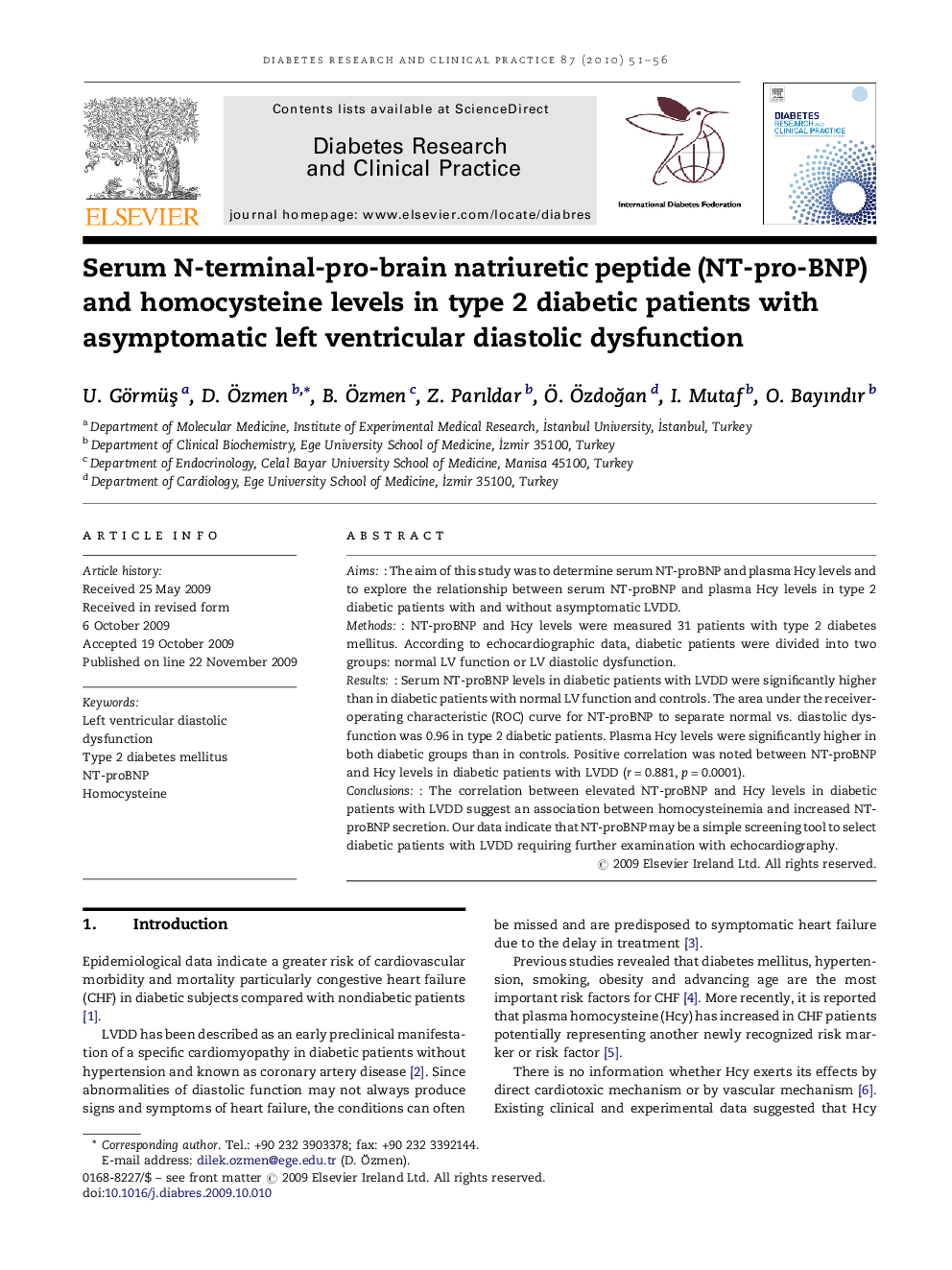 Serum N-terminal-pro-brain natriuretic peptide (NT-pro-BNP) and homocysteine levels in type 2 diabetic patients with asymptomatic left ventricular diastolic dysfunction