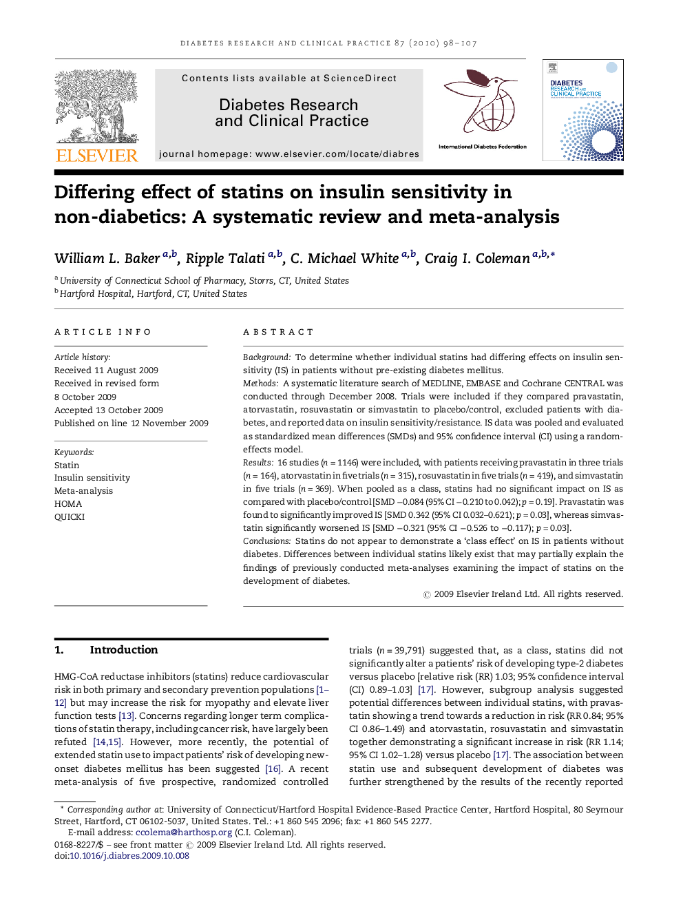 Differing effect of statins on insulin sensitivity in non-diabetics: A systematic review and meta-analysis