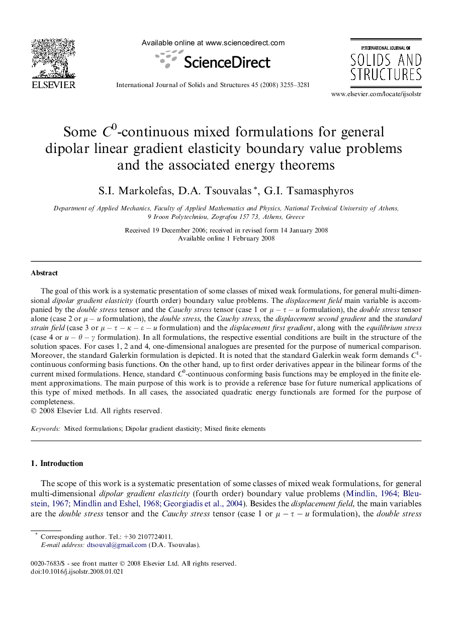 Some C0-continuous mixed formulations for general dipolar linear gradient elasticity boundary value problems and the associated energy theorems