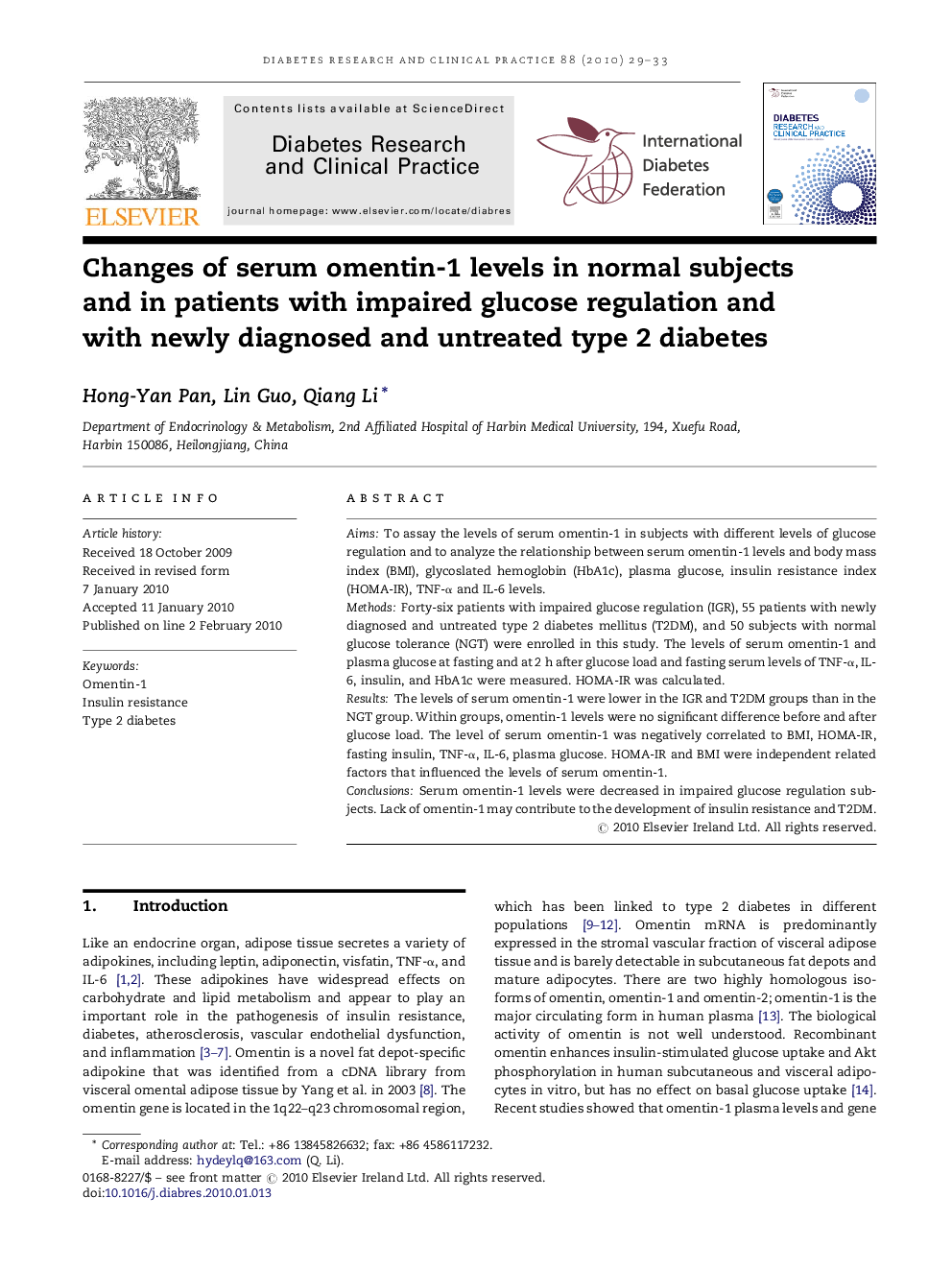 Changes of serum omentin-1 levels in normal subjects and in patients with impaired glucose regulation and with newly diagnosed and untreated type 2 diabetes