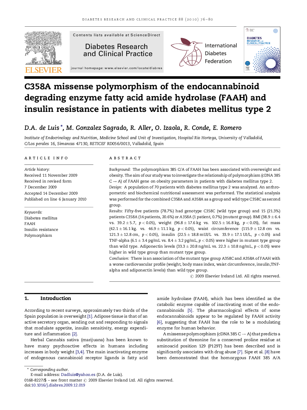 C358A missense polymorphism of the endocannabinoid degrading enzyme fatty acid amide hydrolase (FAAH) and insulin resistance in patients with diabetes mellitus type 2