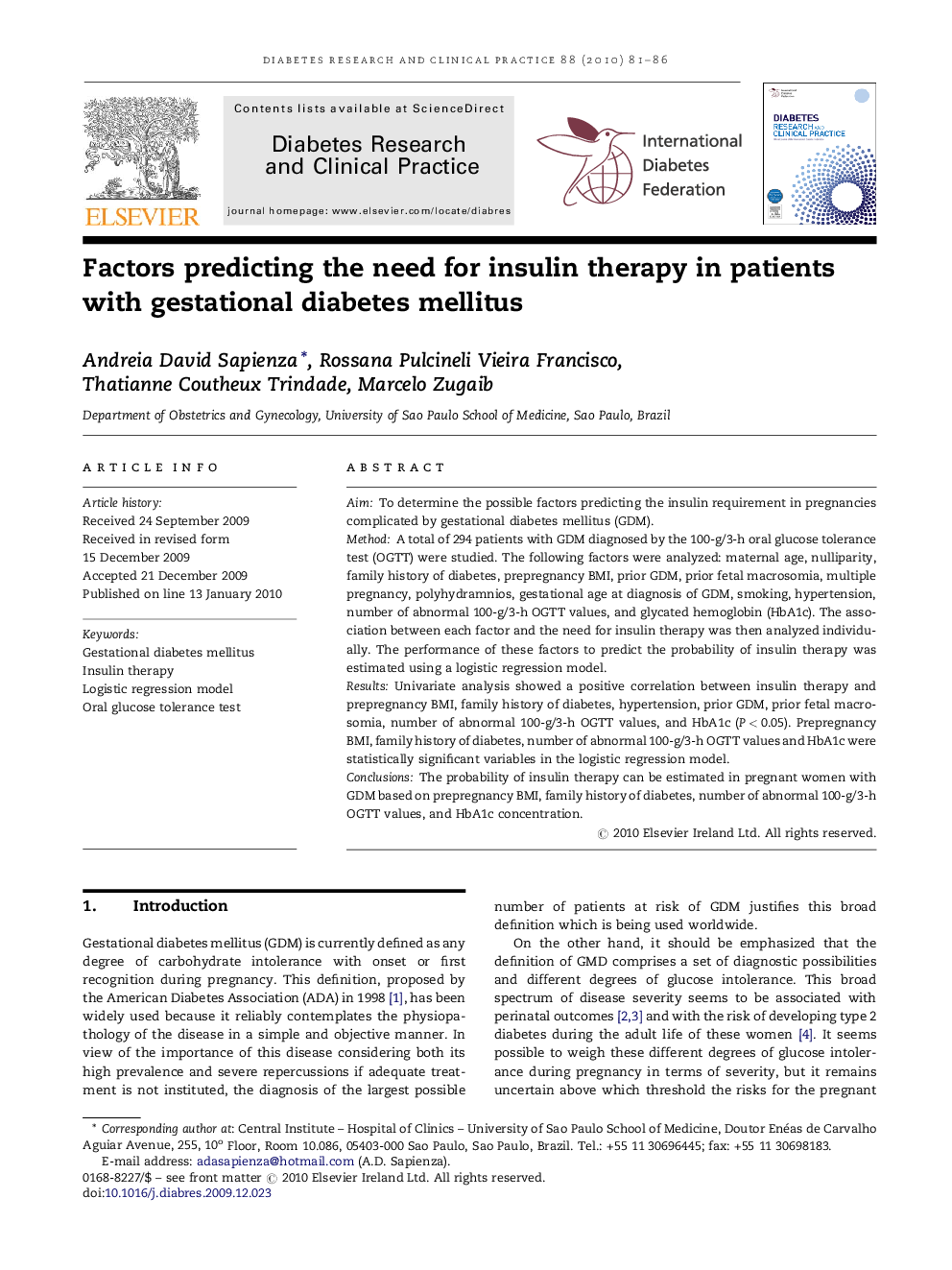 Factors predicting the need for insulin therapy in patients with gestational diabetes mellitus