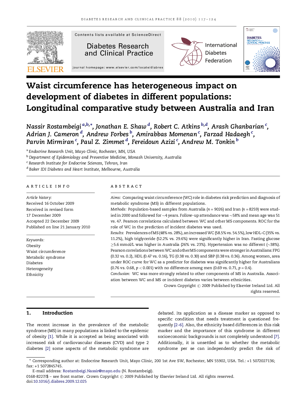 Waist circumference has heterogeneous impact on development of diabetes in different populations: Longitudinal comparative study between Australia and Iran