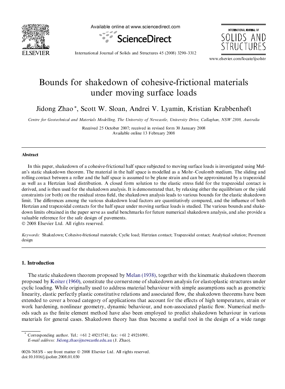 Bounds for shakedown of cohesive-frictional materials under moving surface loads