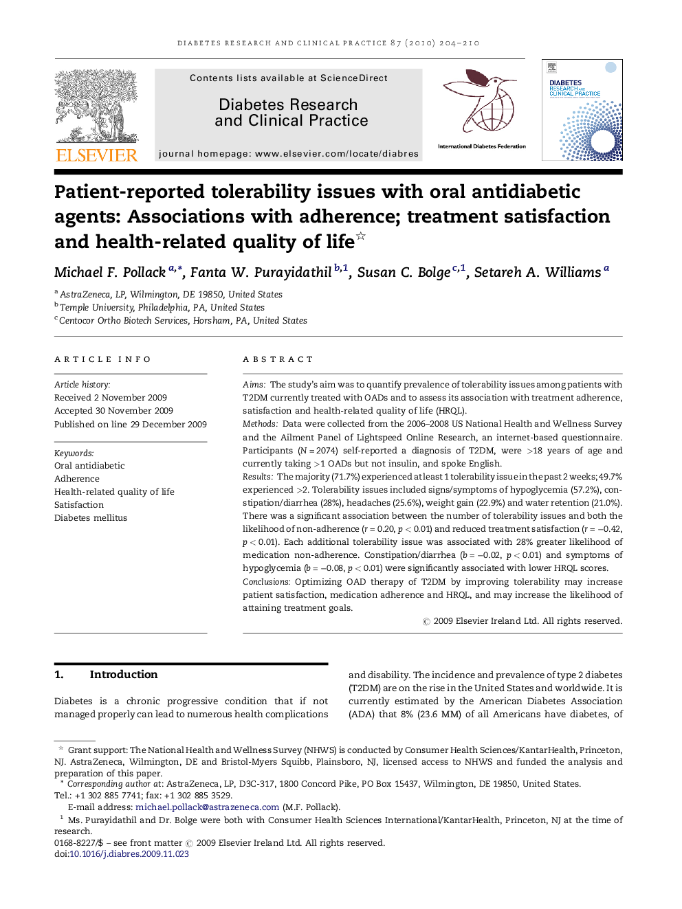 Patient-reported tolerability issues with oral antidiabetic agents: Associations with adherence; treatment satisfaction and health-related quality of life 