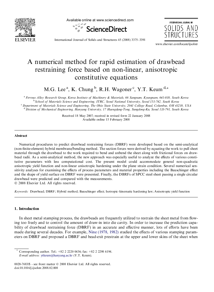 A numerical method for rapid estimation of drawbead restraining force based on non-linear, anisotropic constitutive equations