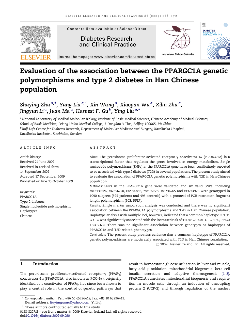 Evaluation of the association between the PPARGC1A genetic polymorphisms and type 2 diabetes in Han Chinese population