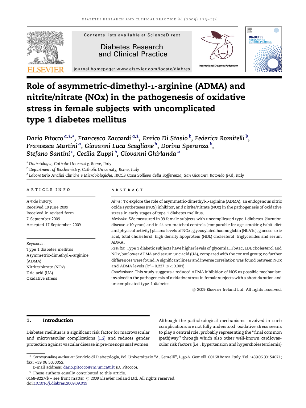 Role of asymmetric-dimethyl-l-arginine (ADMA) and nitrite/nitrate (NOx) in the pathogenesis of oxidative stress in female subjects with uncomplicated type 1 diabetes mellitus