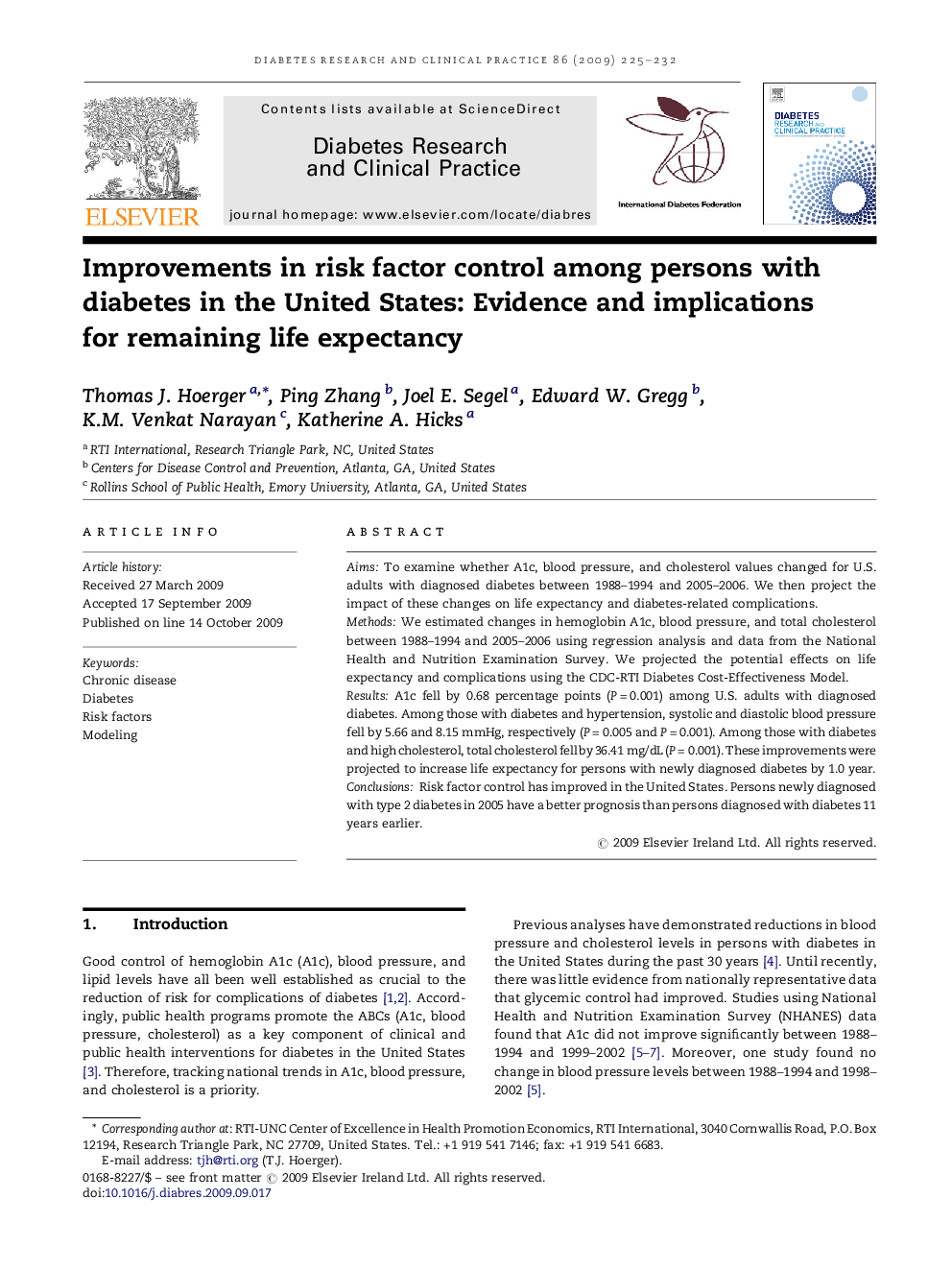 Improvements in risk factor control among persons with diabetes in the United States: Evidence and implications for remaining life expectancy