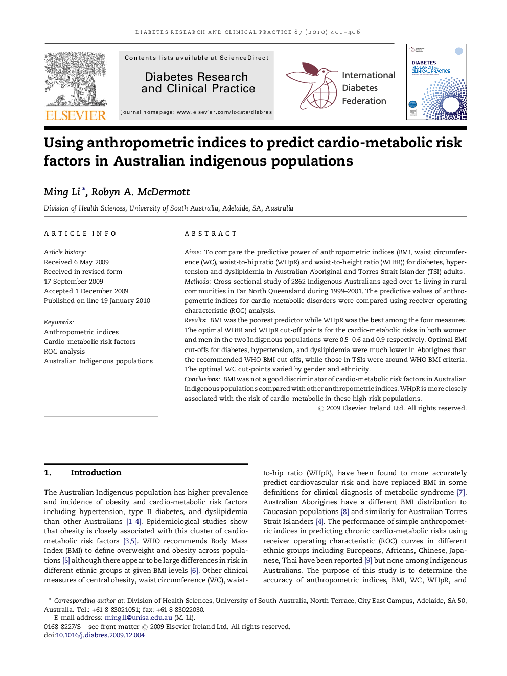 Using anthropometric indices to predict cardio-metabolic risk factors in Australian indigenous populations