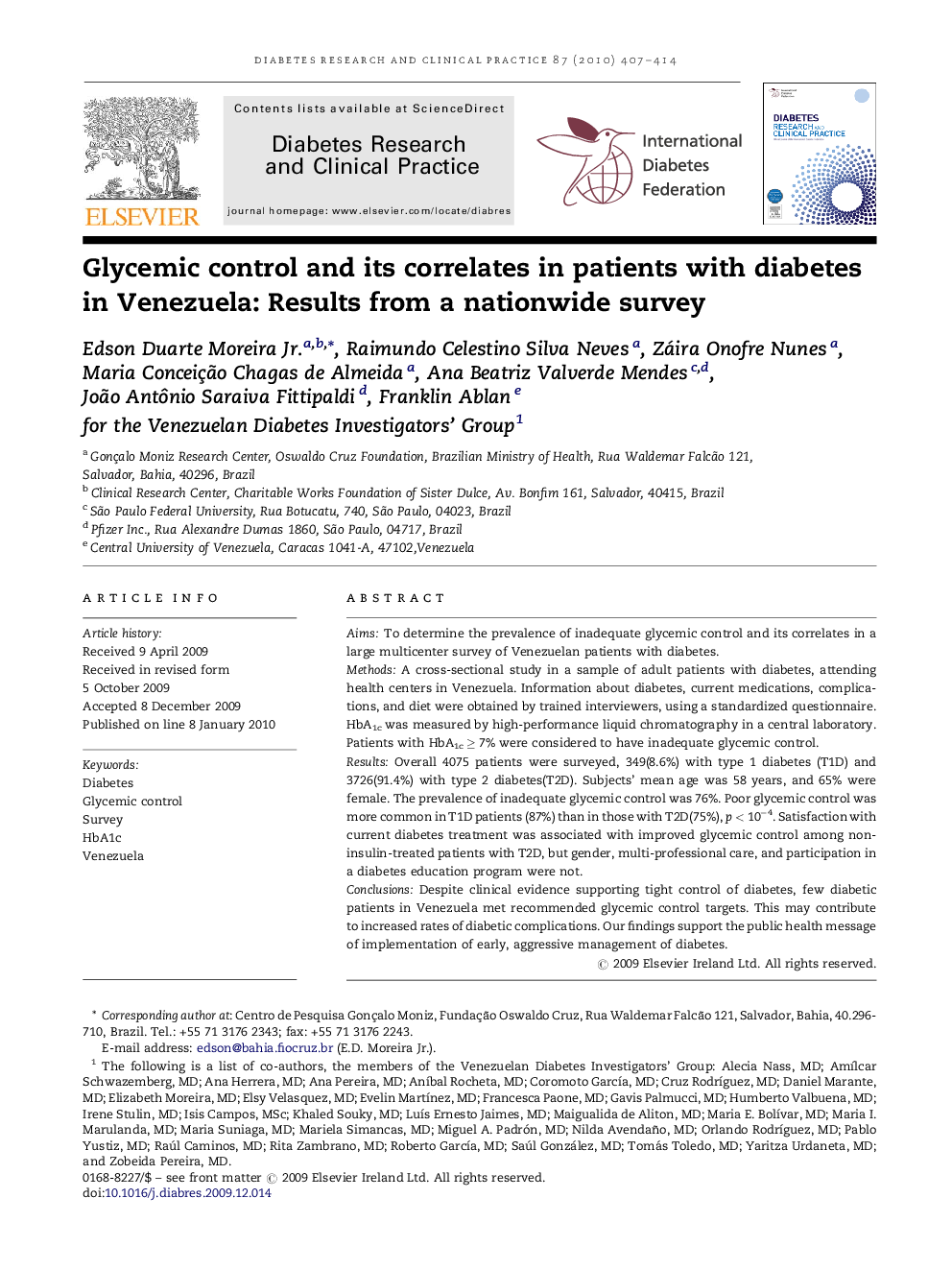 Glycemic control and its correlates in patients with diabetes in Venezuela: Results from a nationwide survey