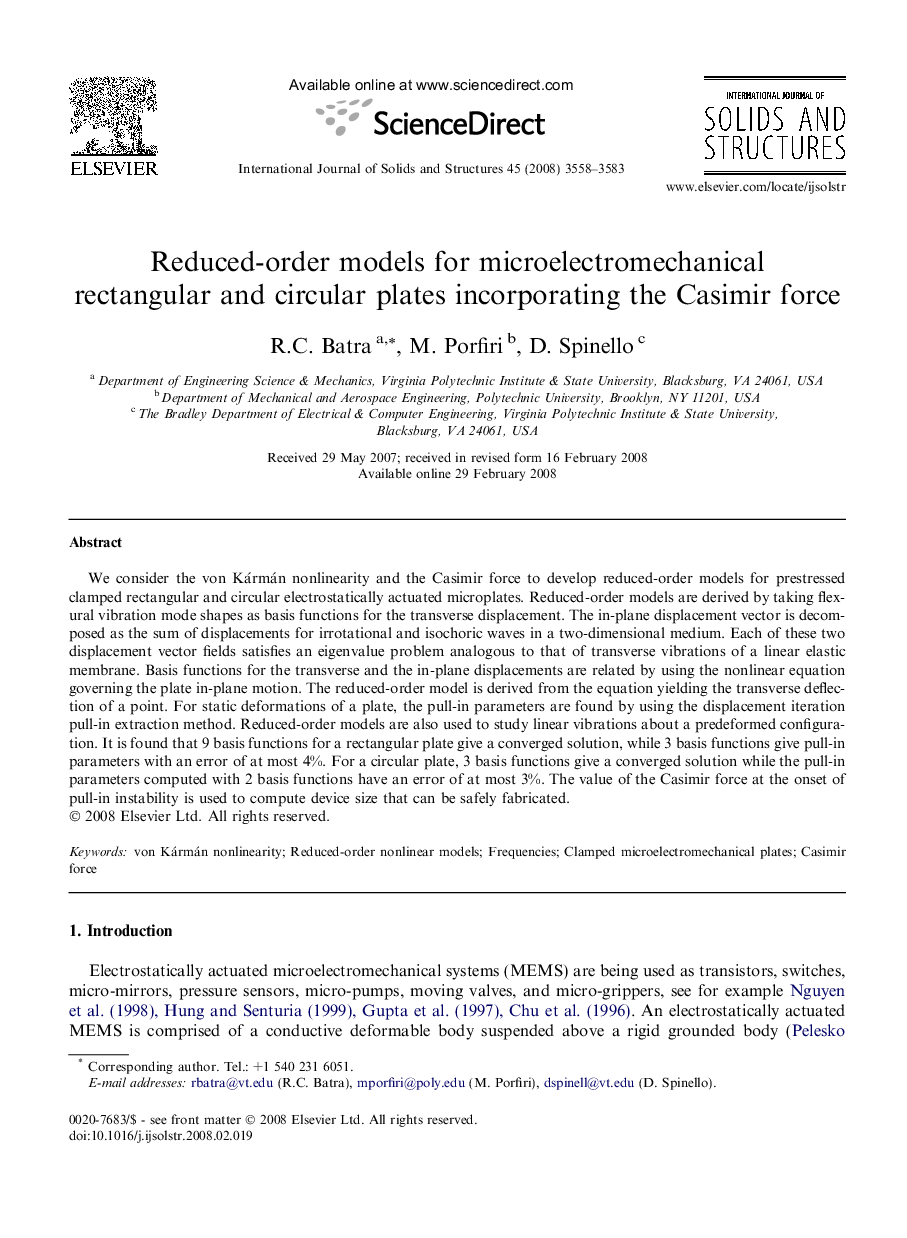 Reduced-order models for microelectromechanical rectangular and circular plates incorporating the Casimir force