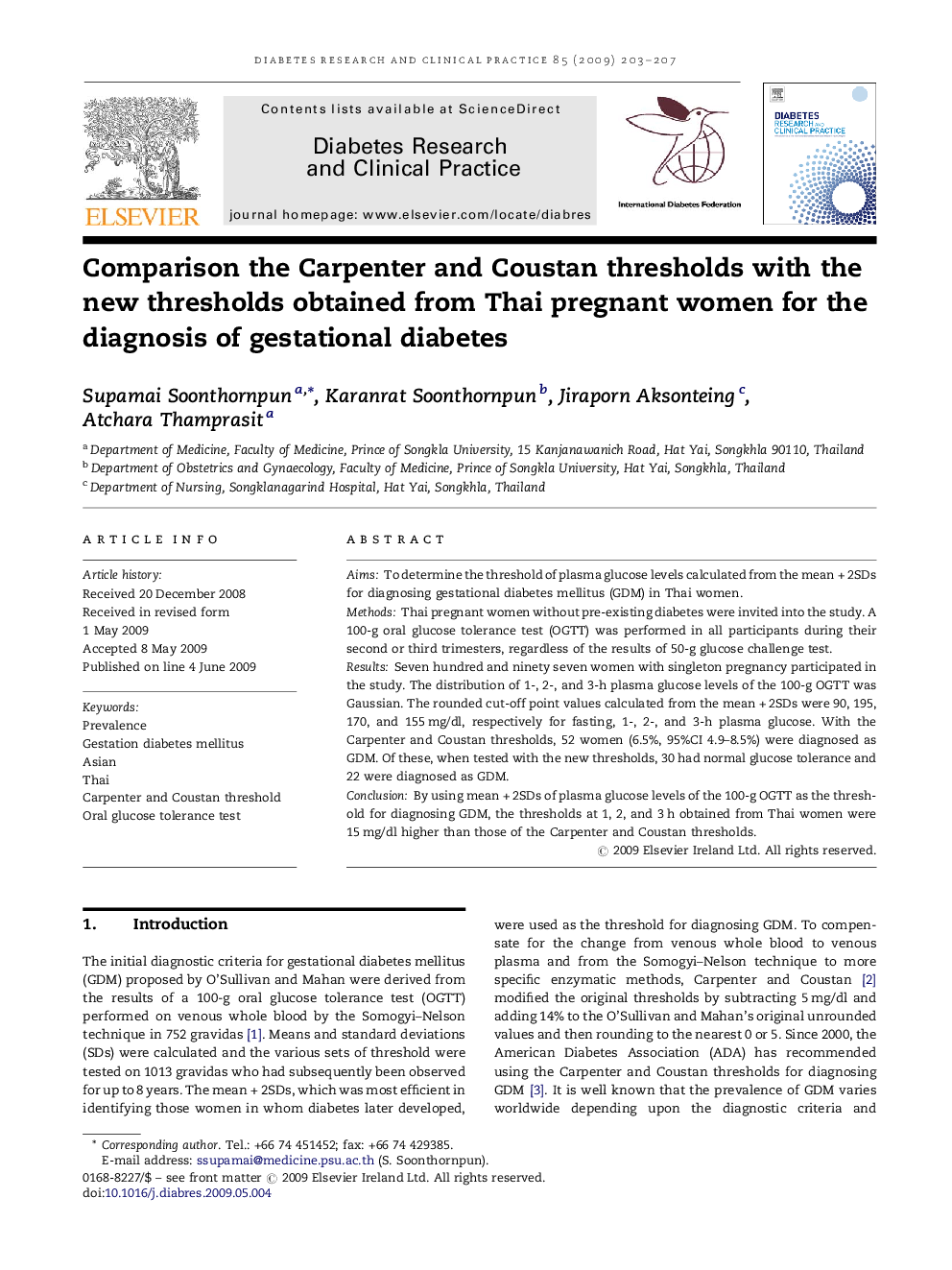 Comparison the Carpenter and Coustan thresholds with the new thresholds obtained from Thai pregnant women for the diagnosis of gestational diabetes