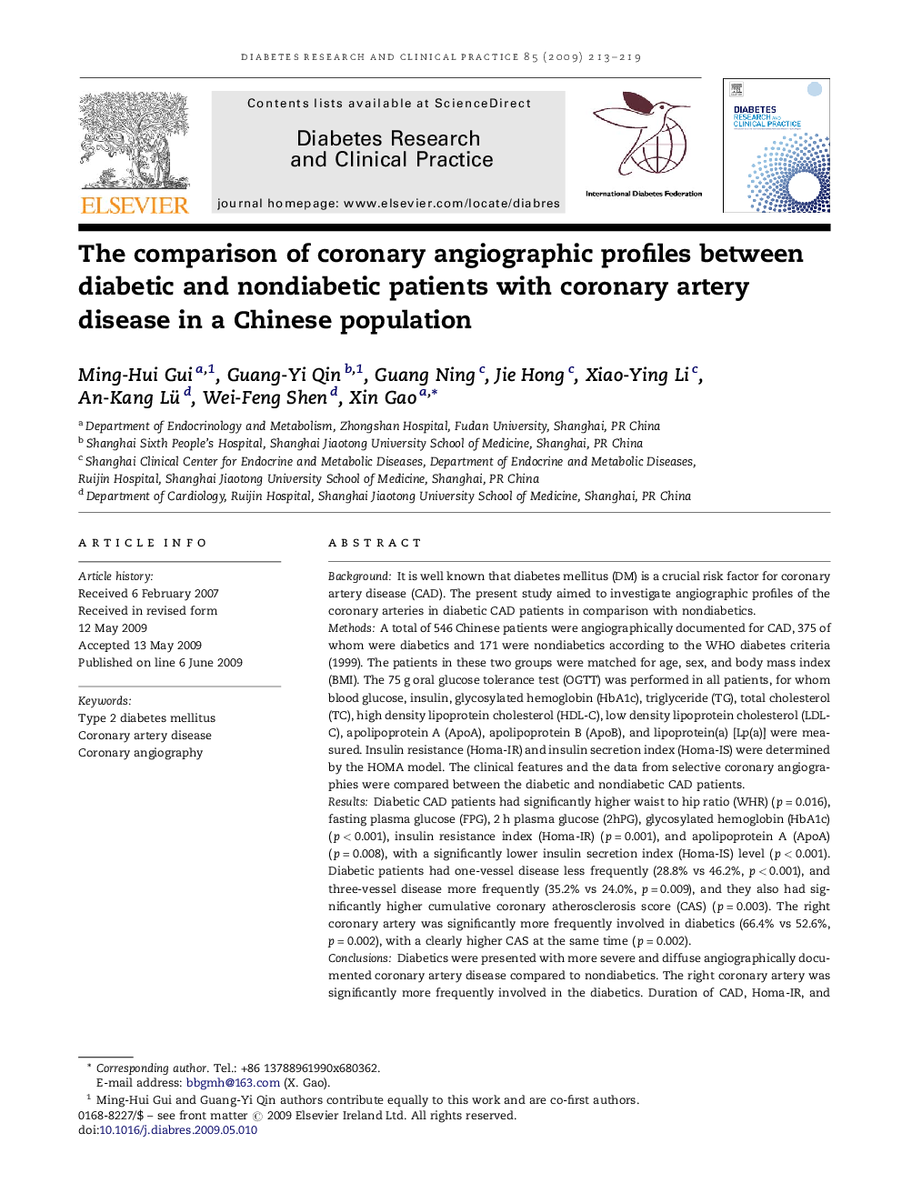 The comparison of coronary angiographic profiles between diabetic and nondiabetic patients with coronary artery disease in a Chinese population