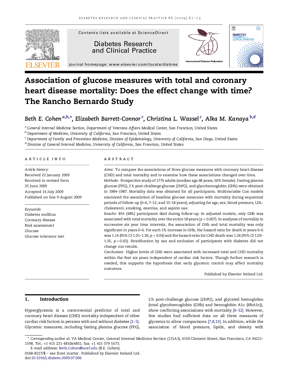 Association of glucose measures with total and coronary heart disease mortality: Does the effect change with time?: The Rancho Bernardo Study