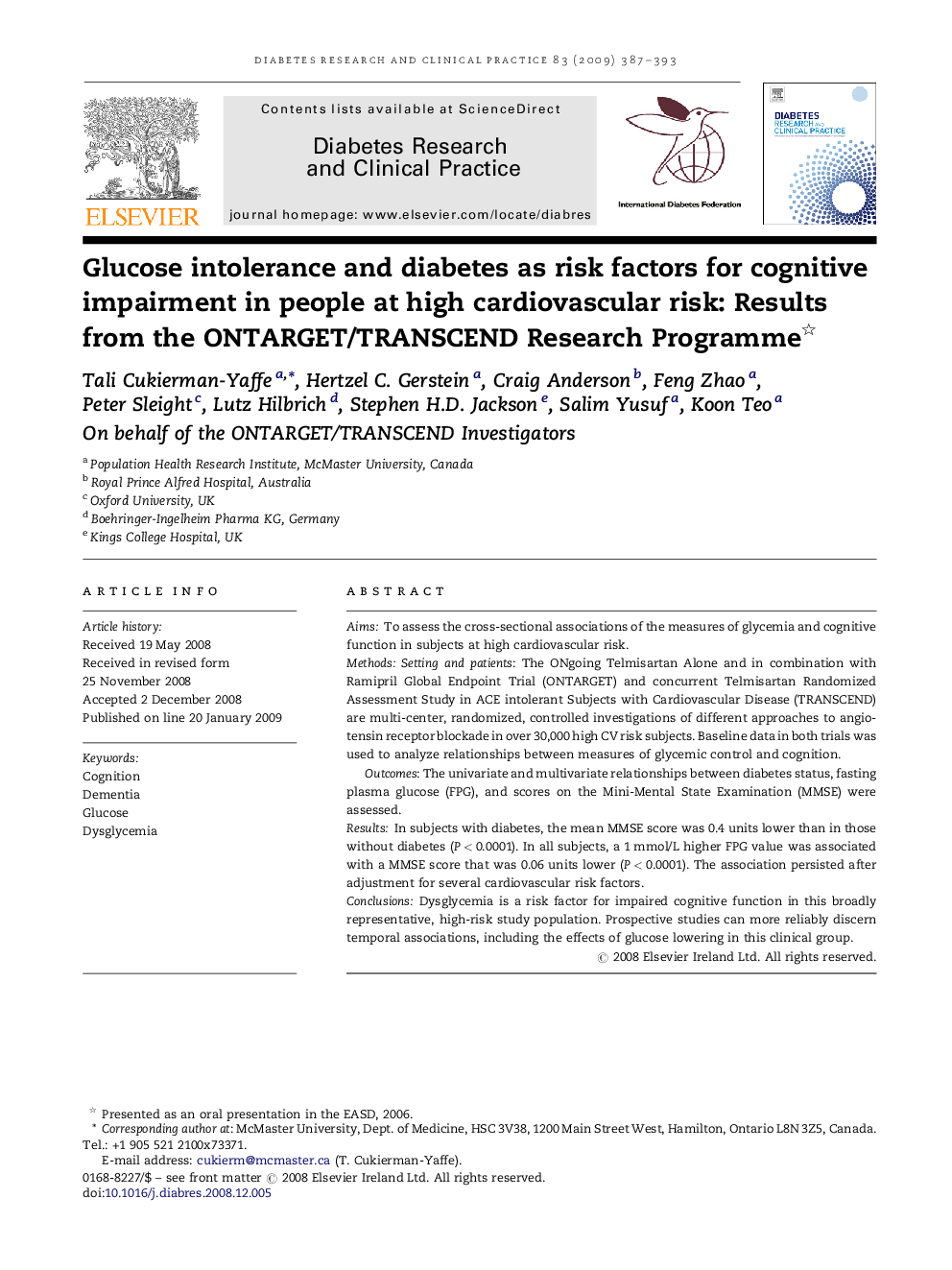 Glucose intolerance and diabetes as risk factors for cognitive impairment in people at high cardiovascular risk: Results from the ONTARGET/TRANSCEND Research Programme 