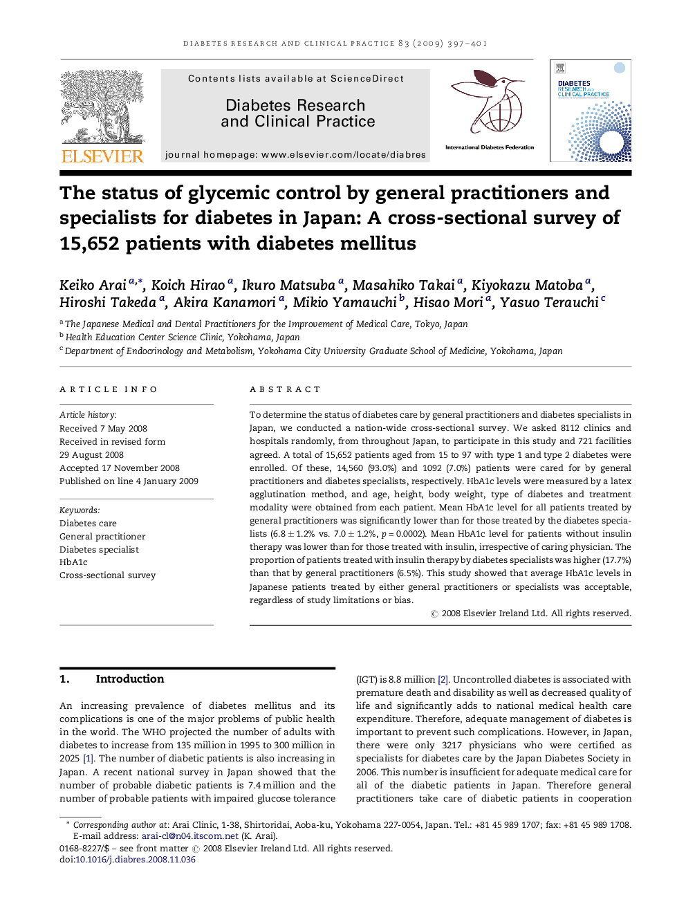 The status of glycemic control by general practitioners and specialists for diabetes in Japan: A cross-sectional survey of 15,652 patients with diabetes mellitus