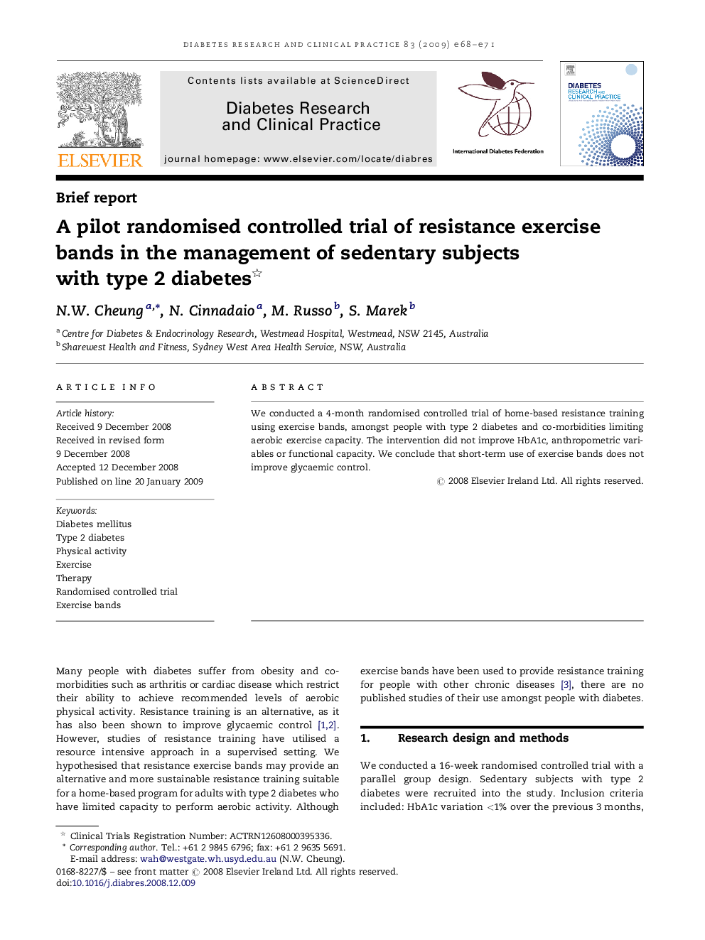 A pilot randomised controlled trial of resistance exercise bands in the management of sedentary subjects with type 2 diabetes 