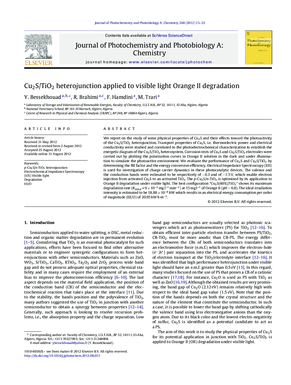 Cu2S/TiO2 heterojunction applied to visible light Orange II degradation